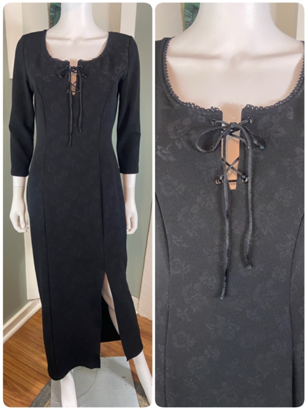 Vintage 90s Newport News Black Floral Lace-Up Corset Bodycon Maxi Dress Sz 10
